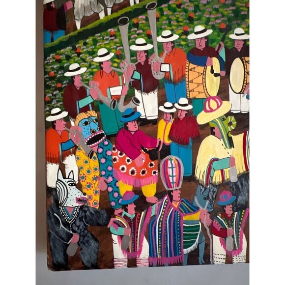 Vintage Alberto Vega Peruvian Folk Art Animal Hide Painting Bright Mid Century - Picture 8 of 11